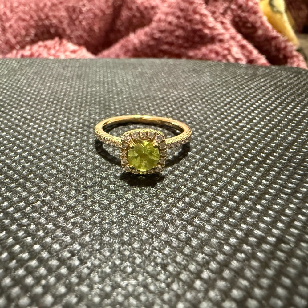 14K Gold Ring with Peridot Center and Diamond Halo - Green Gemstone
